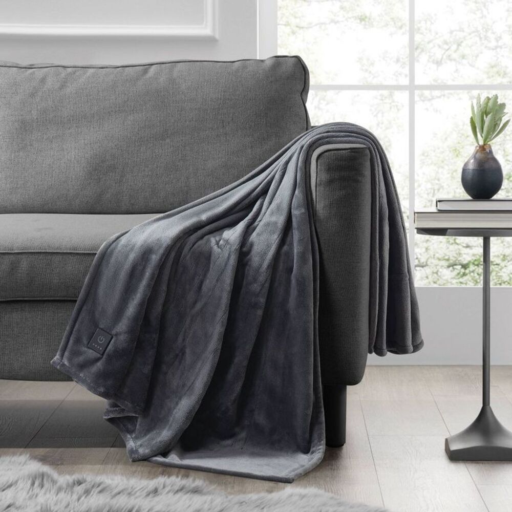 Brookstone -  Heated Solid Plush Throw Gray Gray